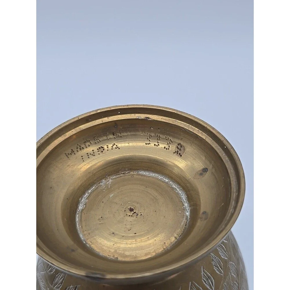 Vintage  Brass Etched Engraved Vase Leaf Motif 5 in Tall  India BOHO